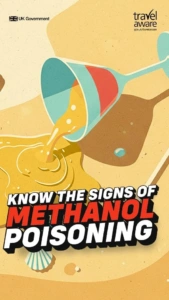 Travel Aware graphic about recognising the signs of methanol poisoning